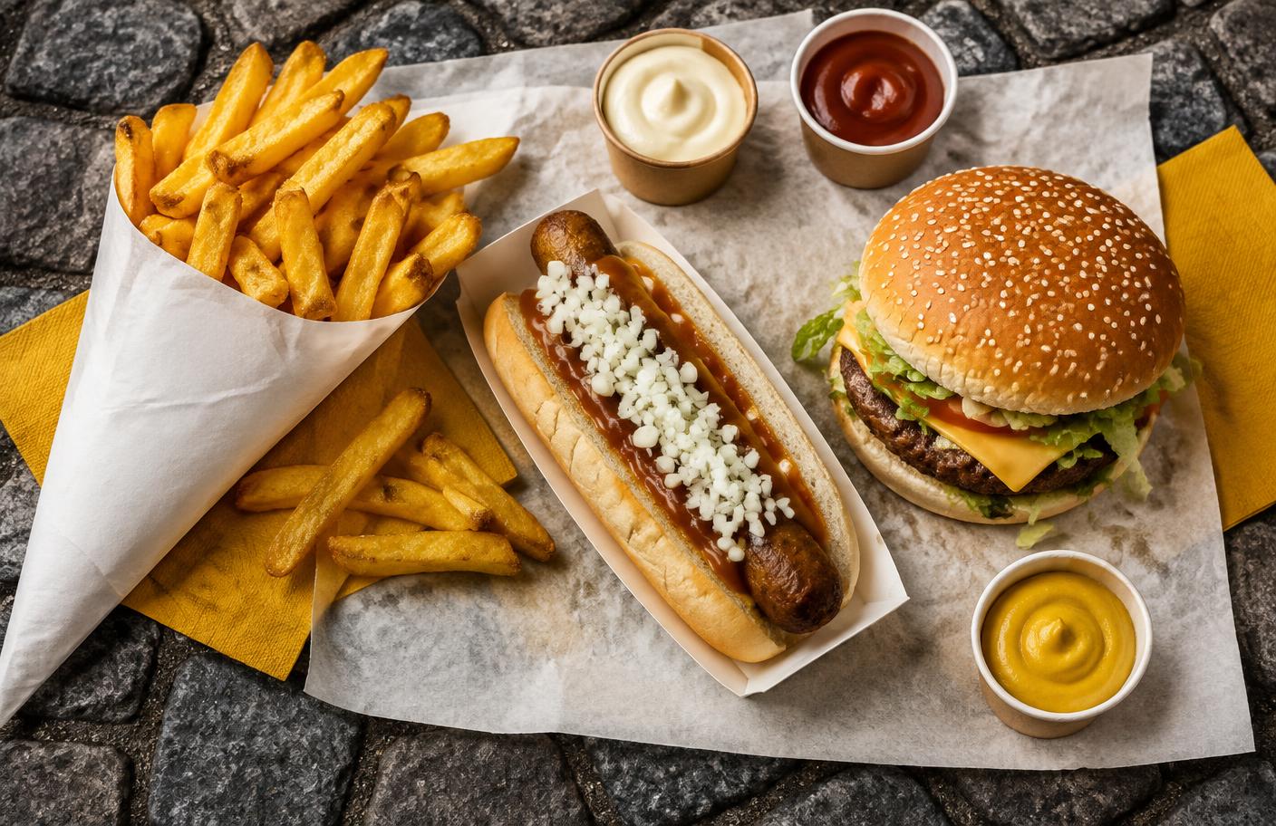 Assortiment frieten, snack, burger en sauzen